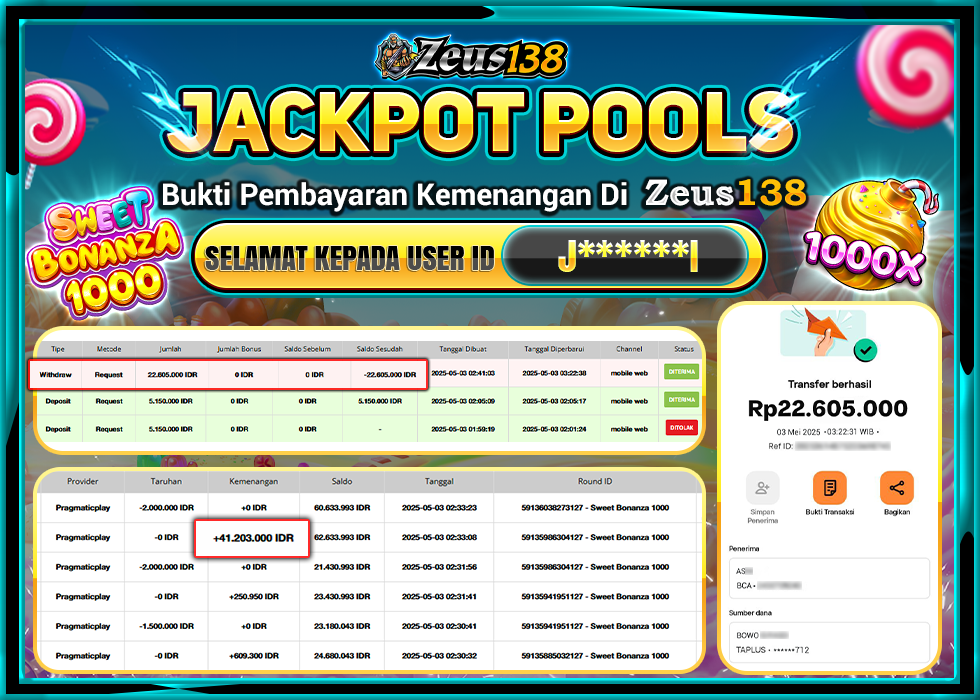 ZEUS138 SWEET BONANZA 1000 Rp.22.605.000,- LUNAS